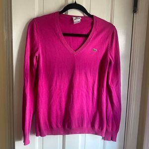 Lacoste Fuschia V-Neck 100% Cotton Sweater, Size 42 , Women’s Large